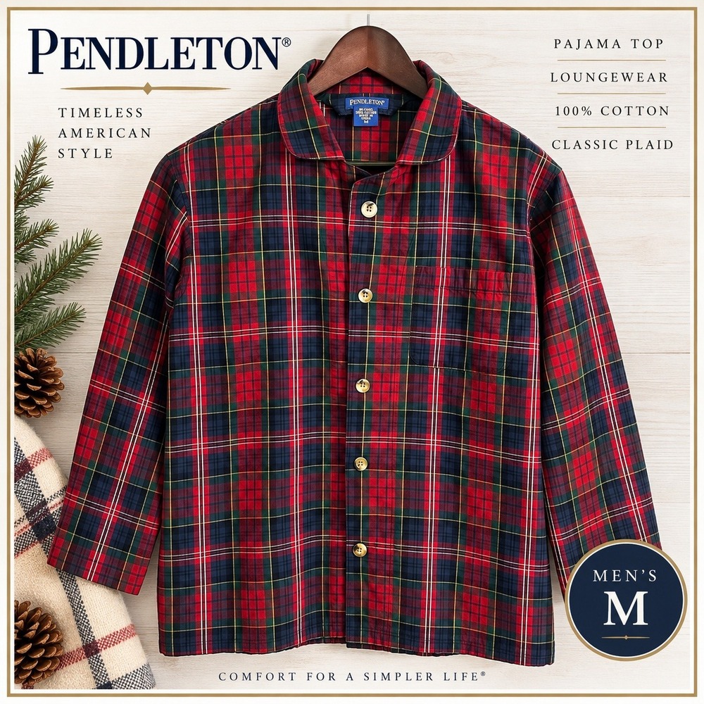 Pendleton Pajama Top Mens M Red Tartan Plaid Cotton Flannel Sleepwear Lounge Top